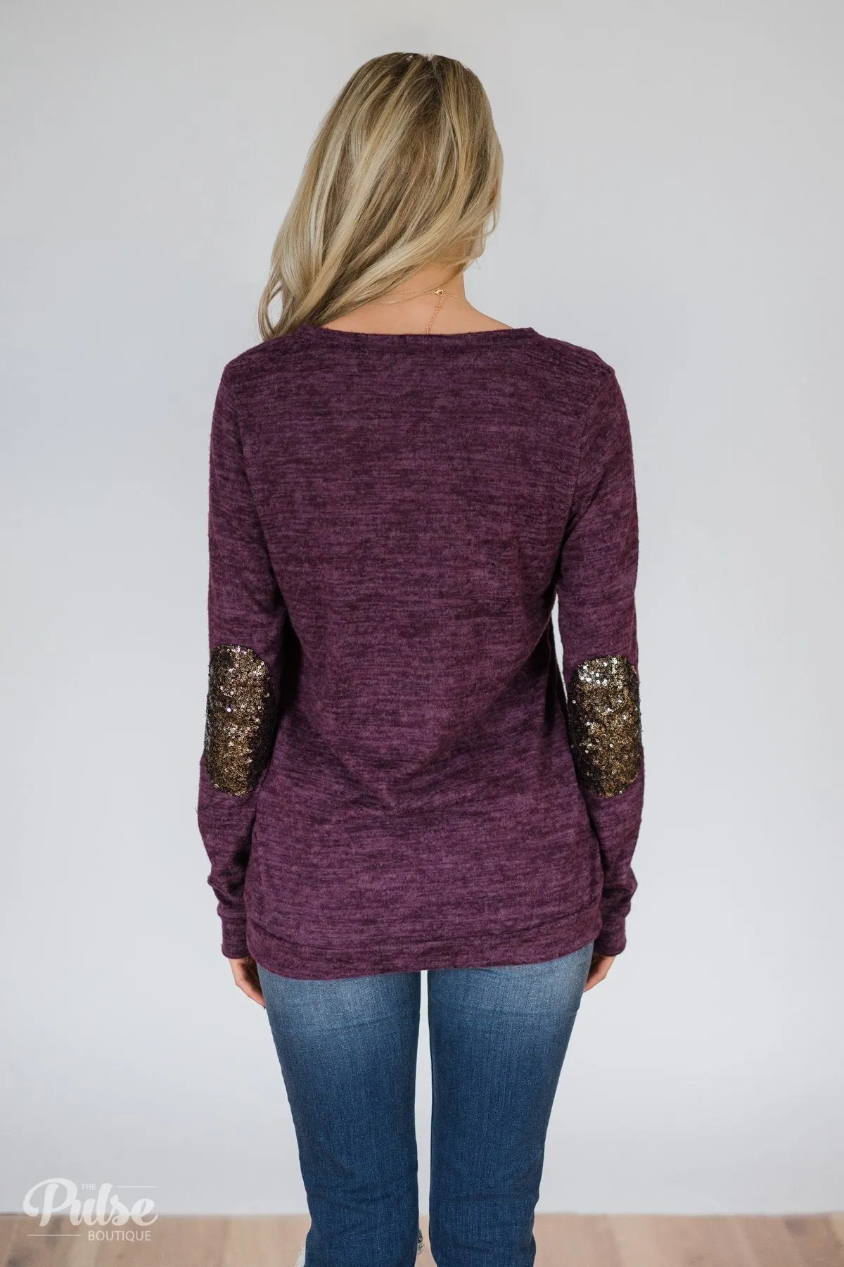 Just Enough Sequin Elbow Patch Sweater- Eggplant