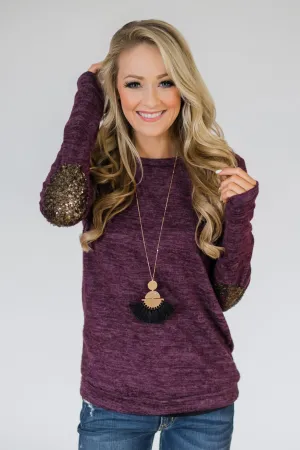Just Enough Sequin Elbow Patch Sweater- Eggplant