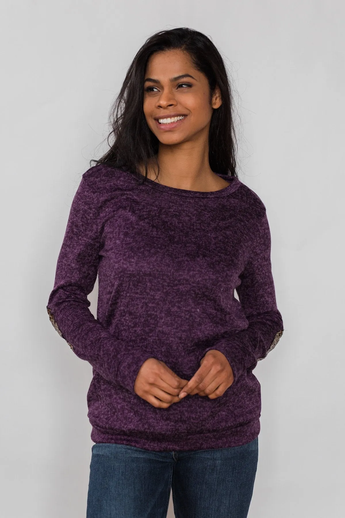 Just Enough Sequin Elbow Patch Sweater - Grape