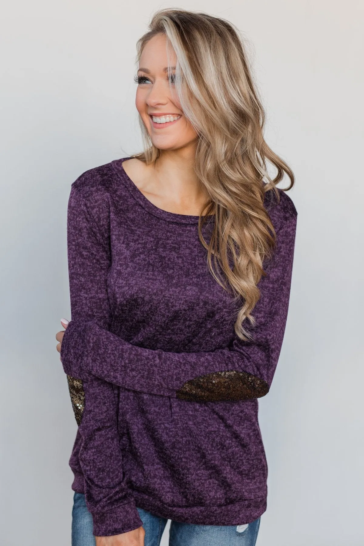 Just Enough Sequin Elbow Patch Sweater - Grape