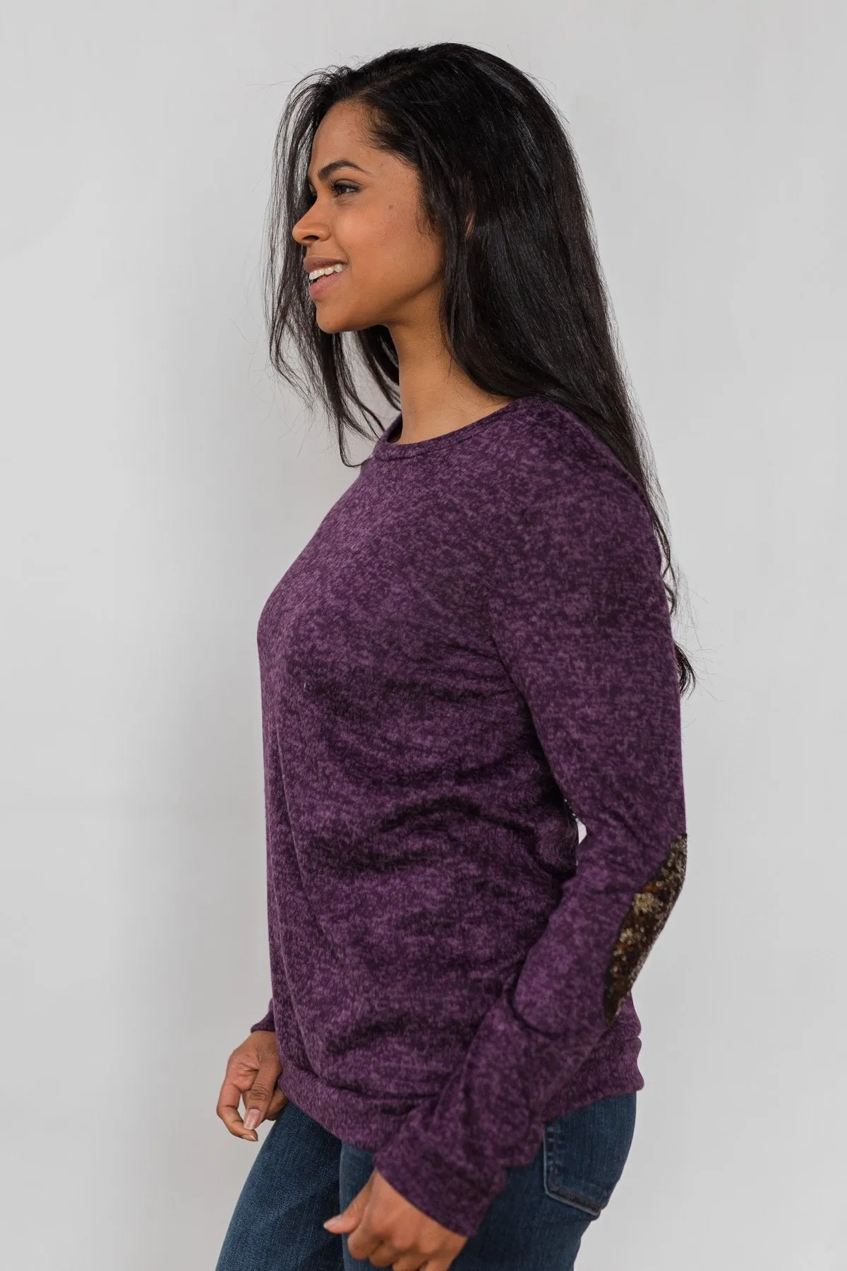 Just Enough Sequin Elbow Patch Sweater - Grape