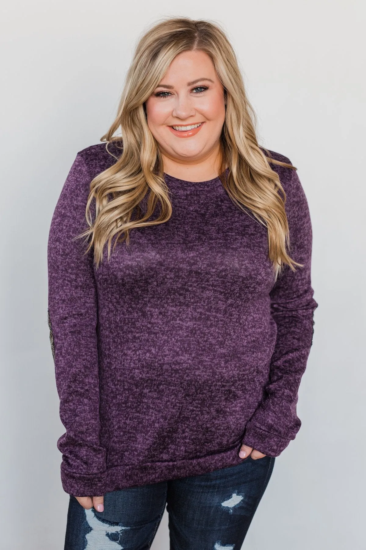 Just Enough Sequin Elbow Patch Sweater - Grape
