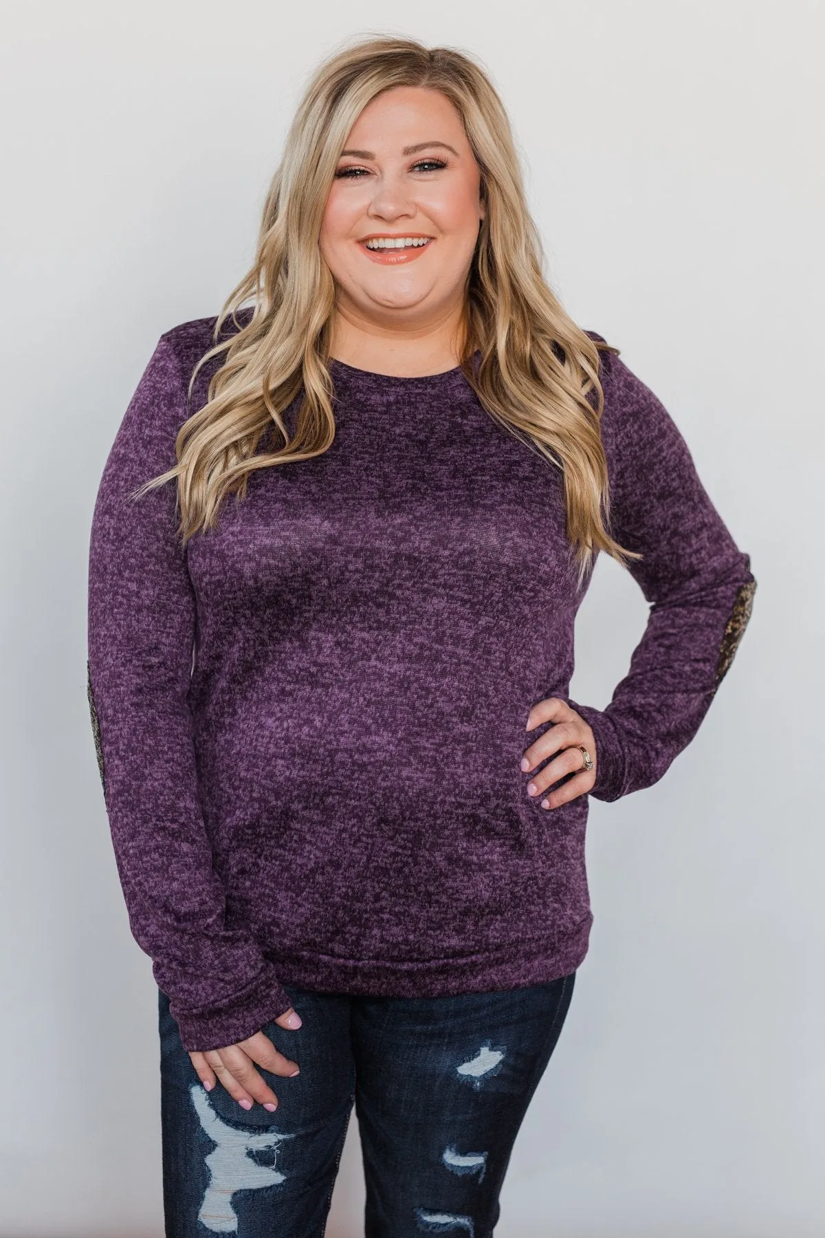 Just Enough Sequin Elbow Patch Sweater - Grape