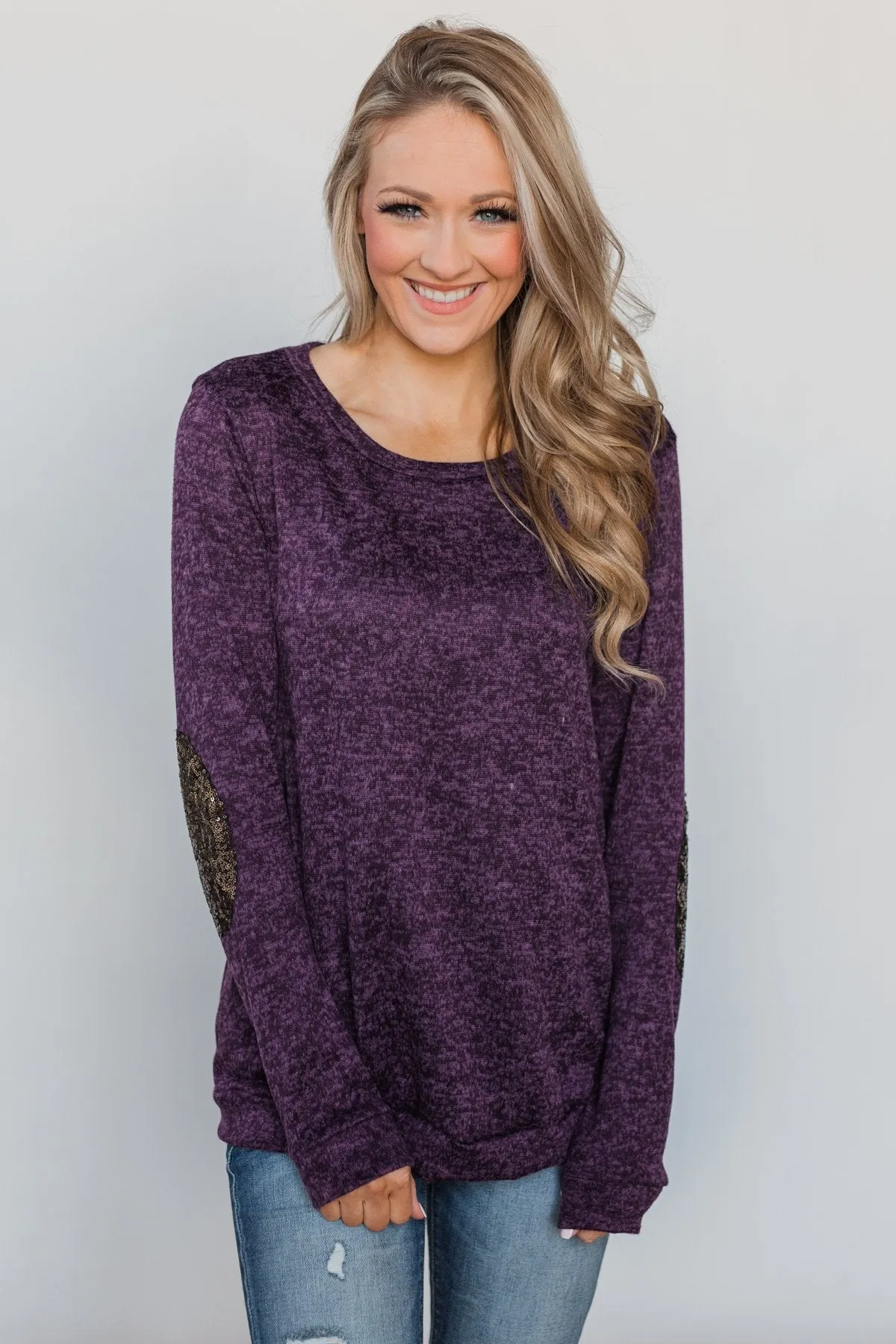 Just Enough Sequin Elbow Patch Sweater - Grape