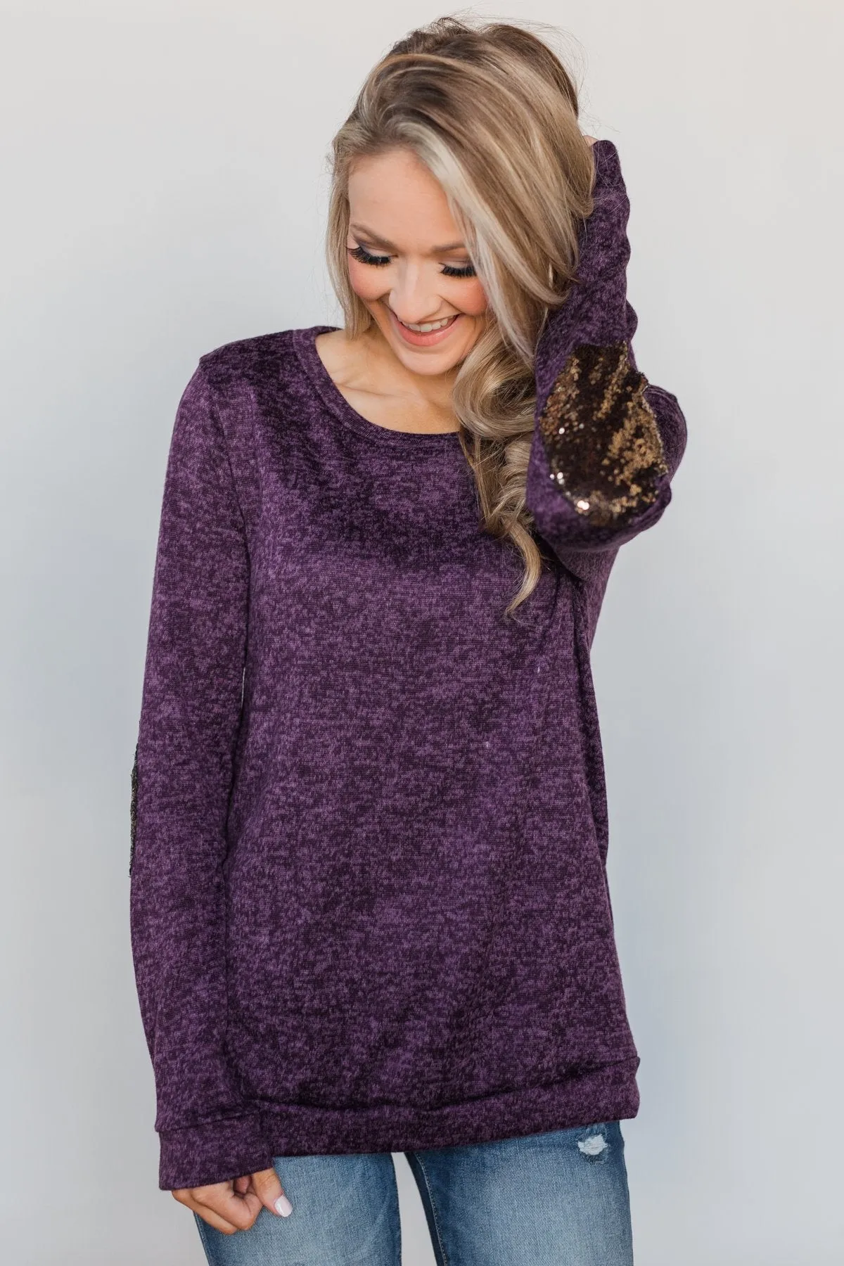 Just Enough Sequin Elbow Patch Sweater - Grape