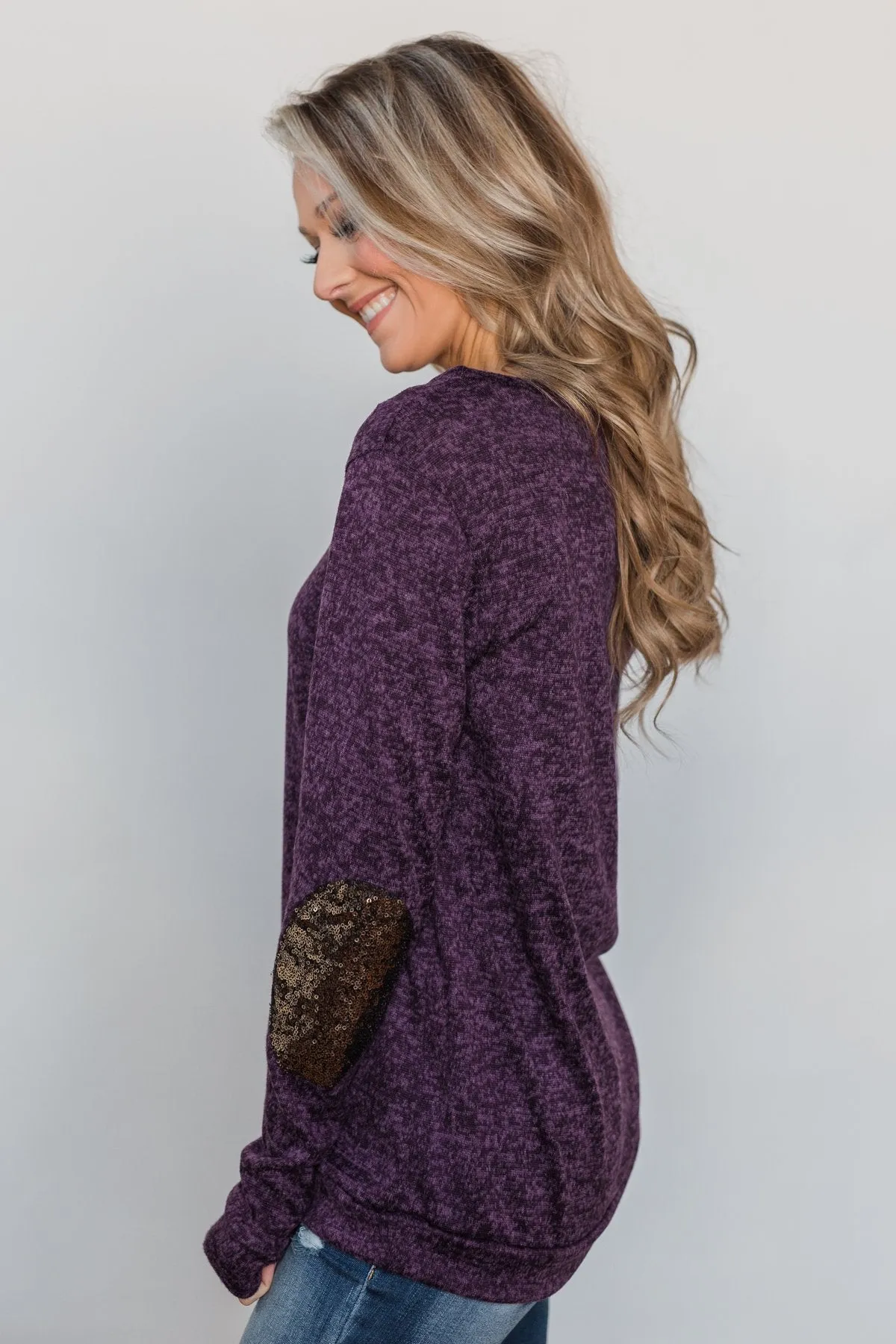 Just Enough Sequin Elbow Patch Sweater - Grape