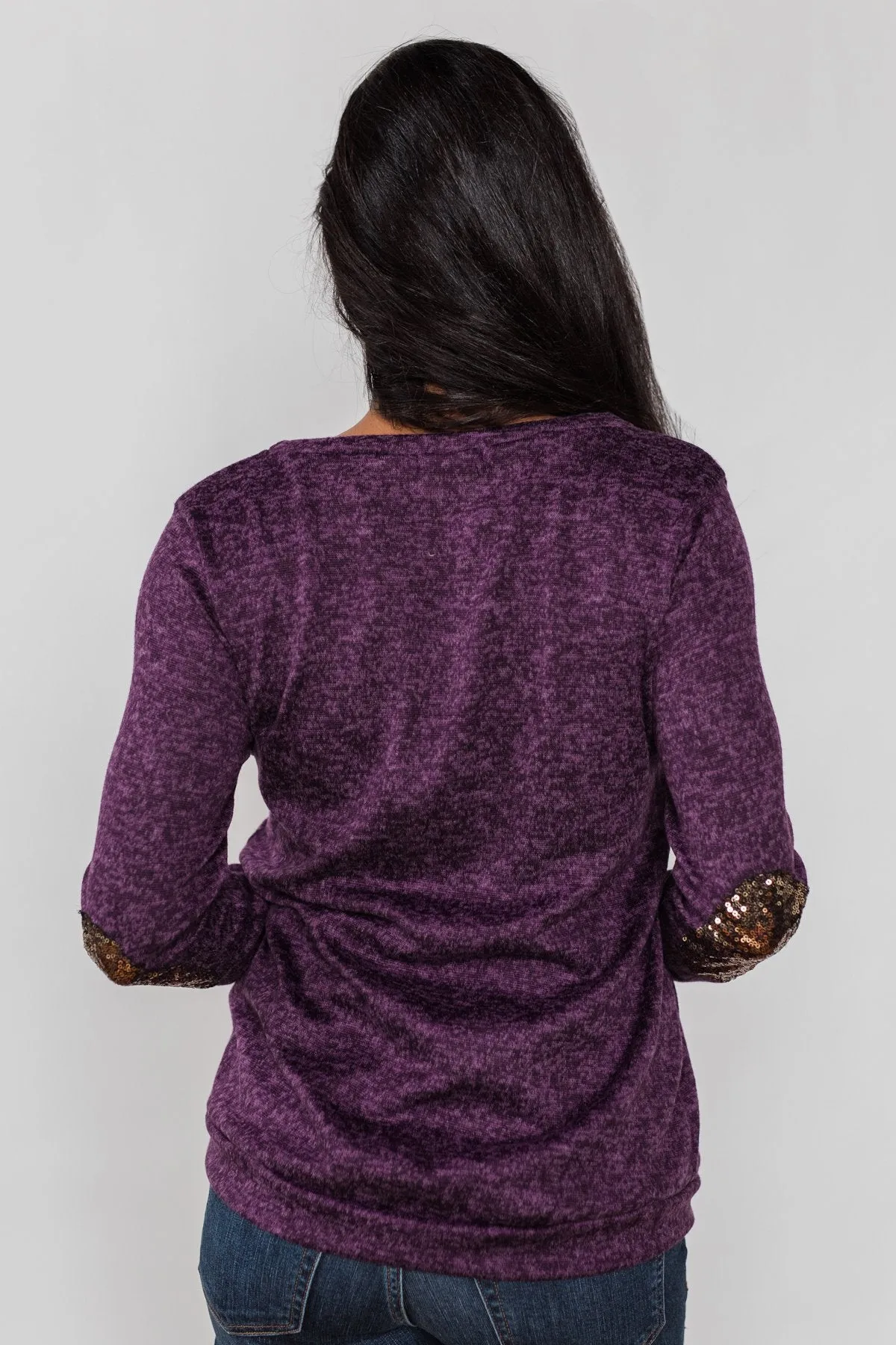 Just Enough Sequin Elbow Patch Sweater - Grape