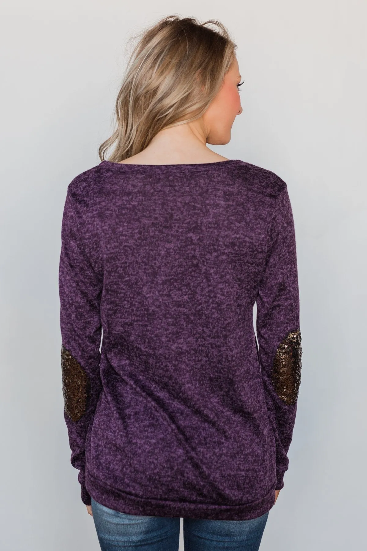 Just Enough Sequin Elbow Patch Sweater - Grape