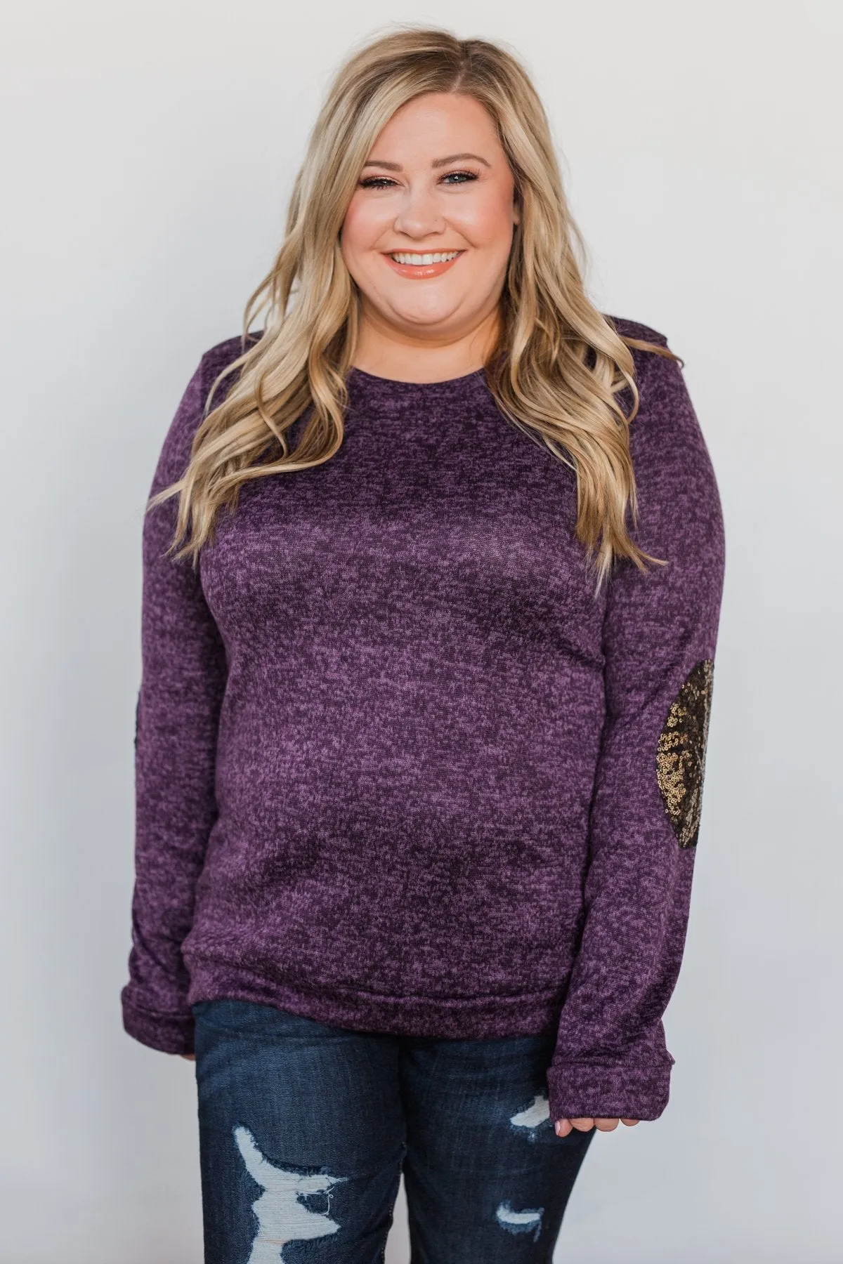 Just Enough Sequin Elbow Patch Sweater - Grape