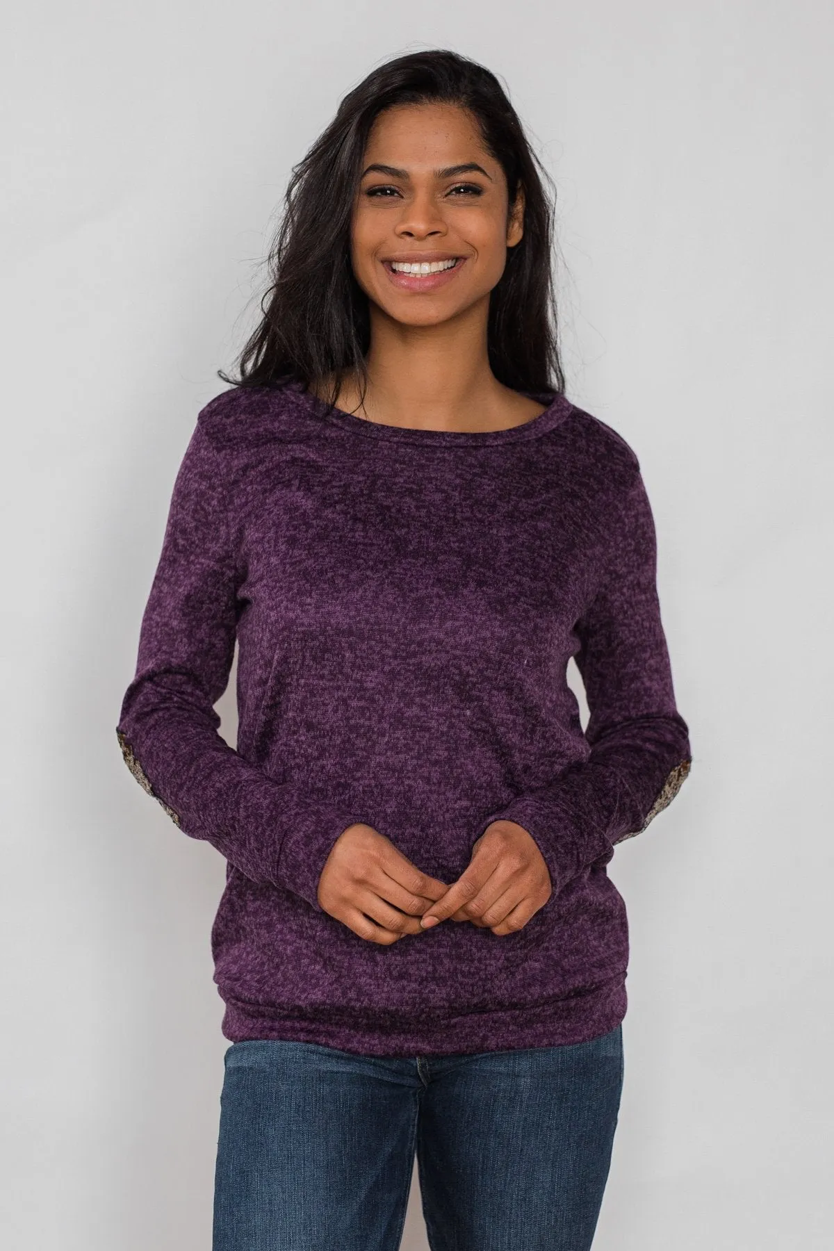 Just Enough Sequin Elbow Patch Sweater - Grape