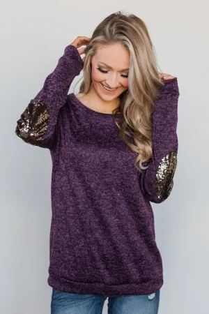 Just Enough Sequin Elbow Patch Sweater - Grape