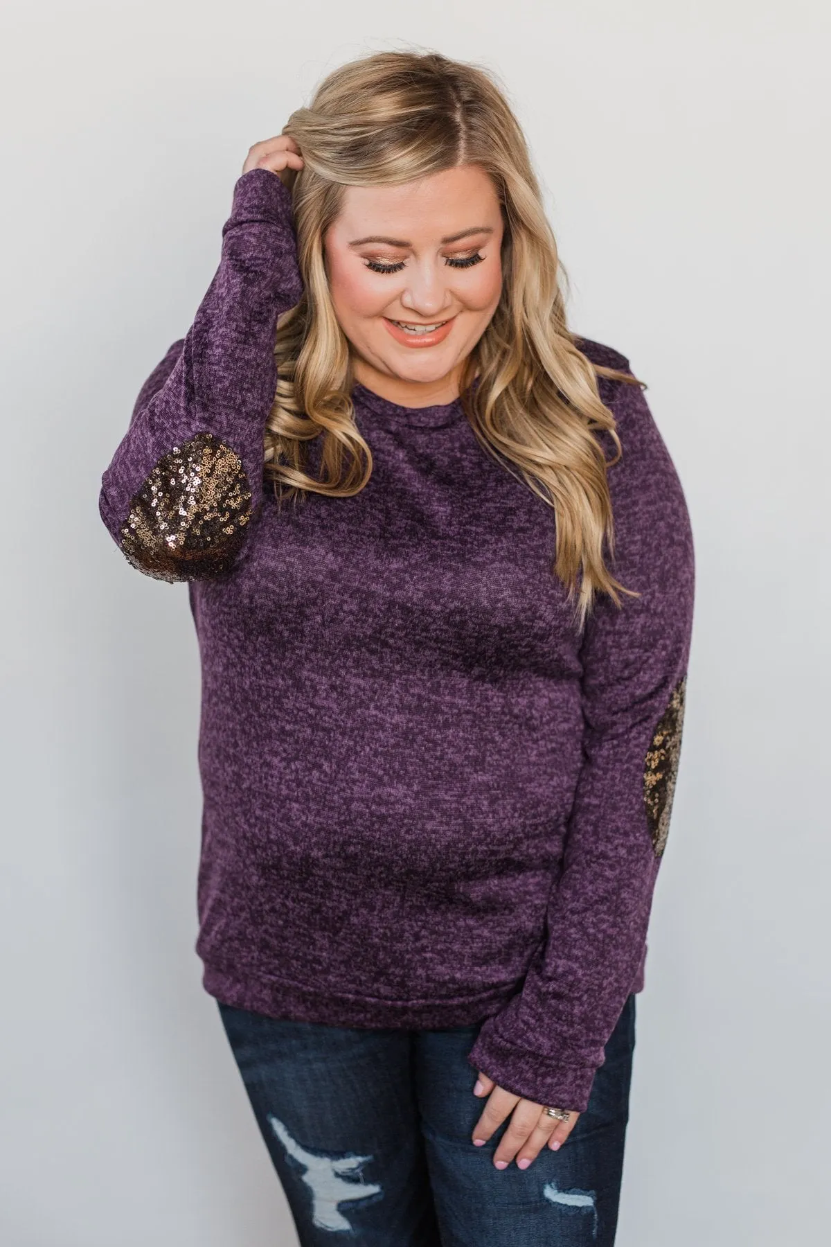 Just Enough Sequin Elbow Patch Sweater - Grape