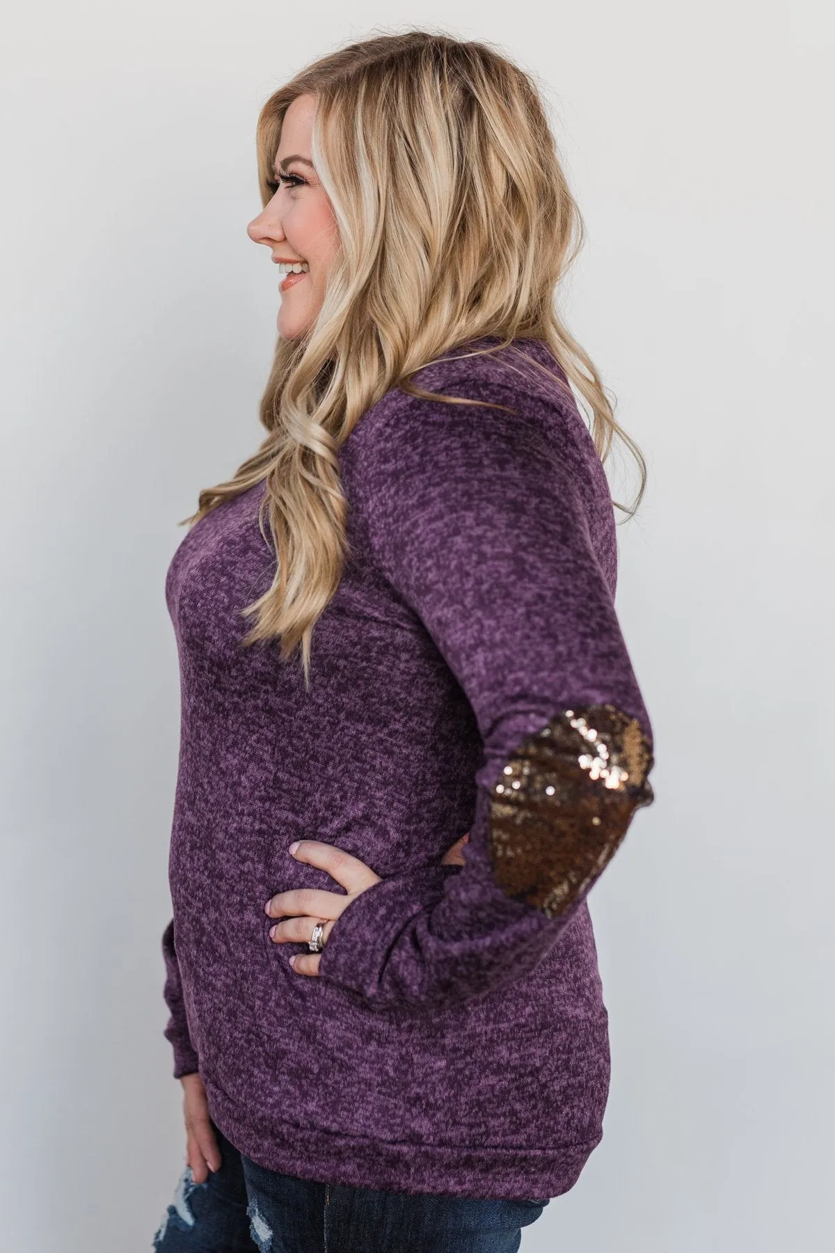 Just Enough Sequin Elbow Patch Sweater - Grape