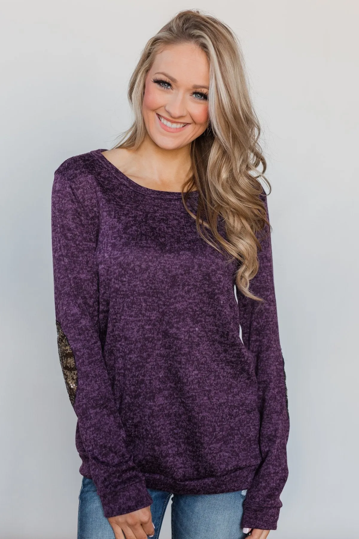 Just Enough Sequin Elbow Patch Sweater - Grape
