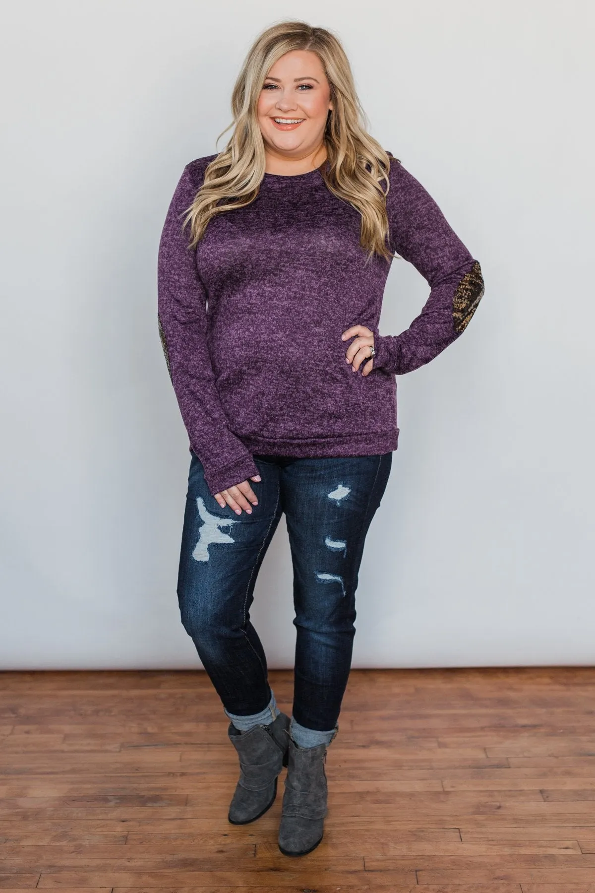 Just Enough Sequin Elbow Patch Sweater - Grape