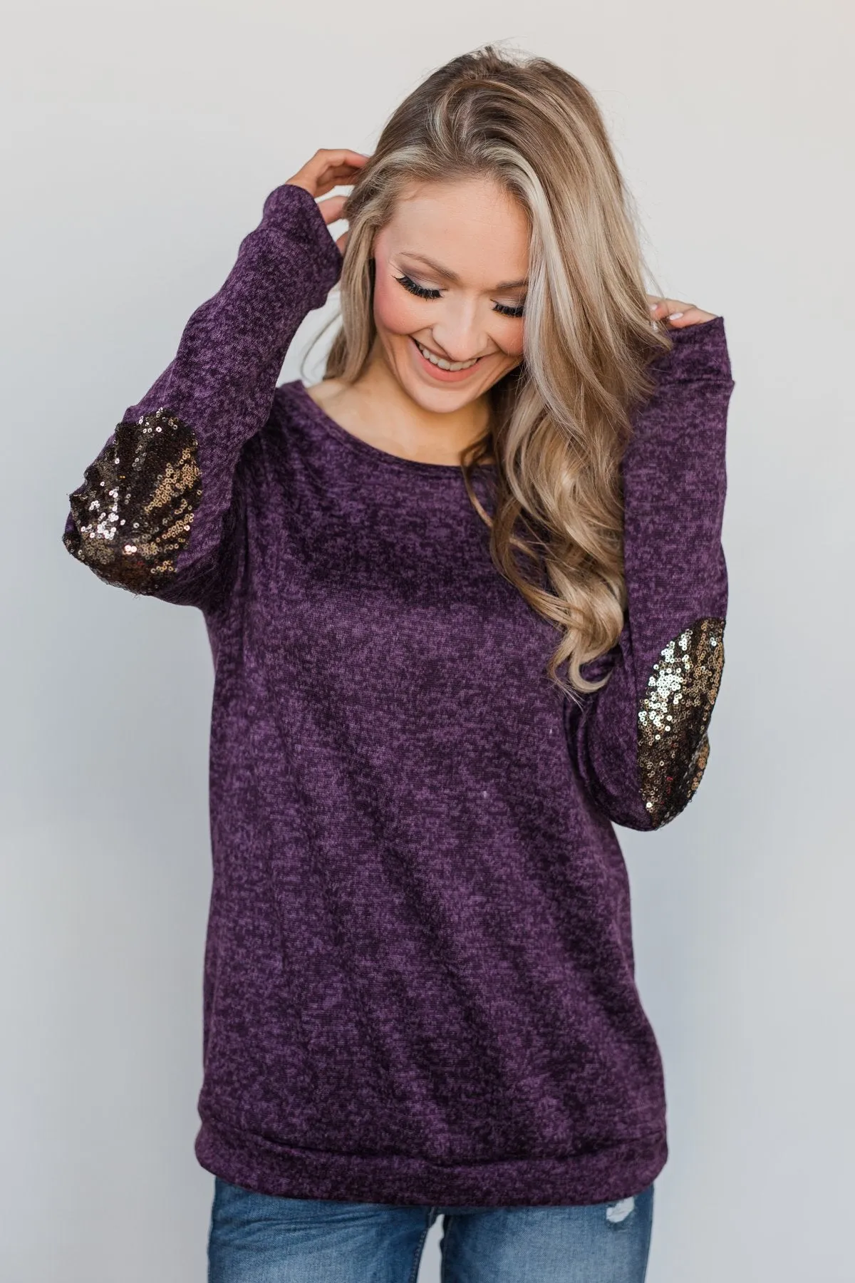 Just Enough Sequin Elbow Patch Sweater - Grape