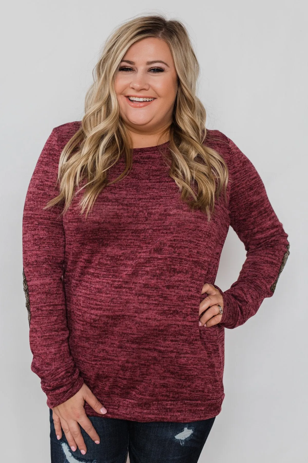Just Enough Sequin Elbow Patch Sweater- Plum