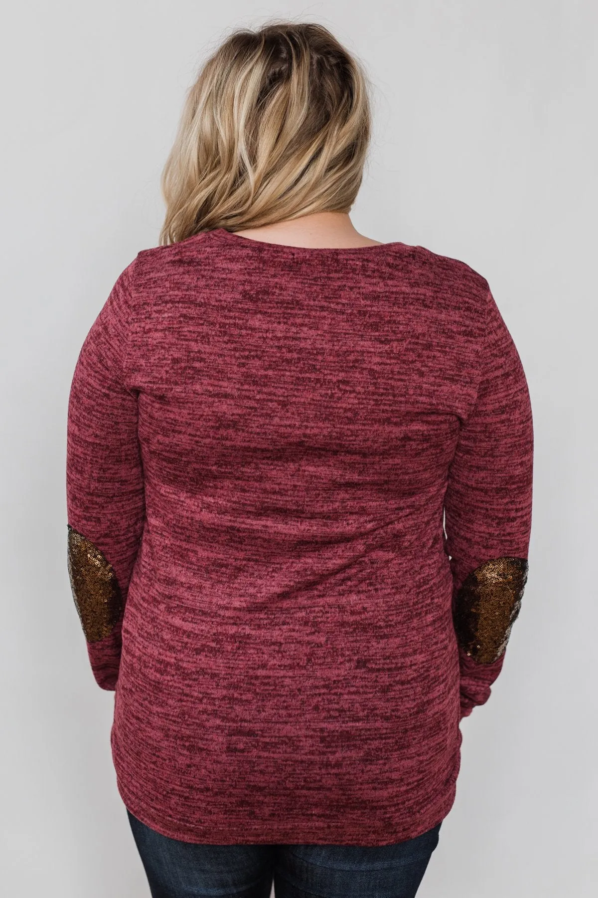 Just Enough Sequin Elbow Patch Sweater- Plum