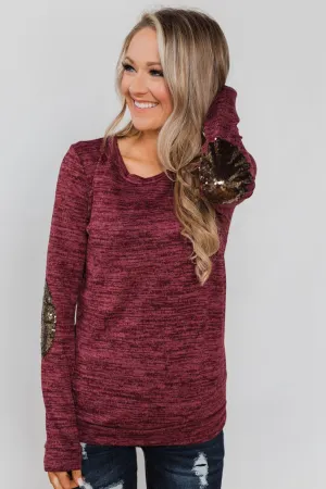 Just Enough Sequin Elbow Patch Sweater- Plum