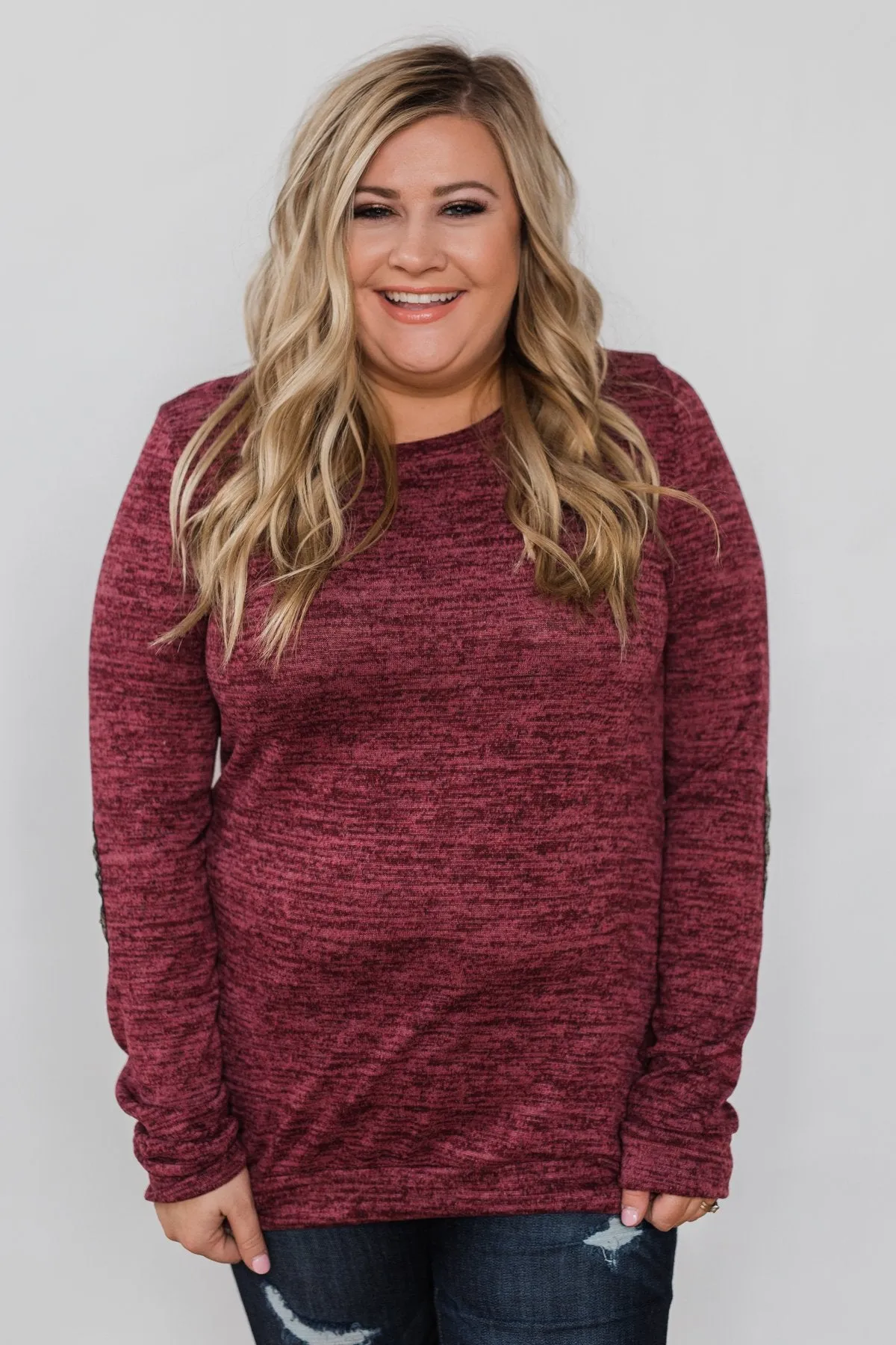 Just Enough Sequin Elbow Patch Sweater- Plum