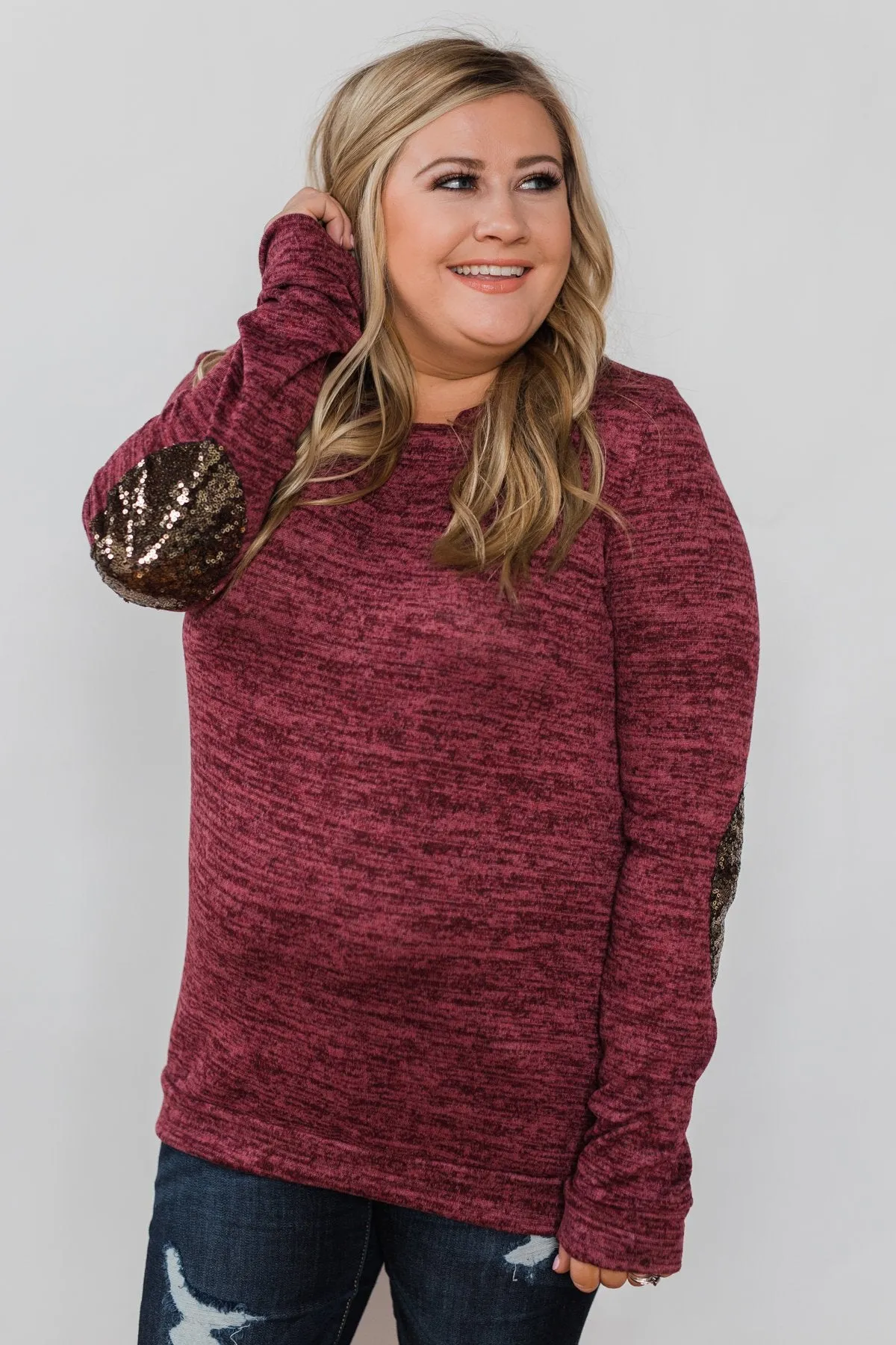 Just Enough Sequin Elbow Patch Sweater- Plum