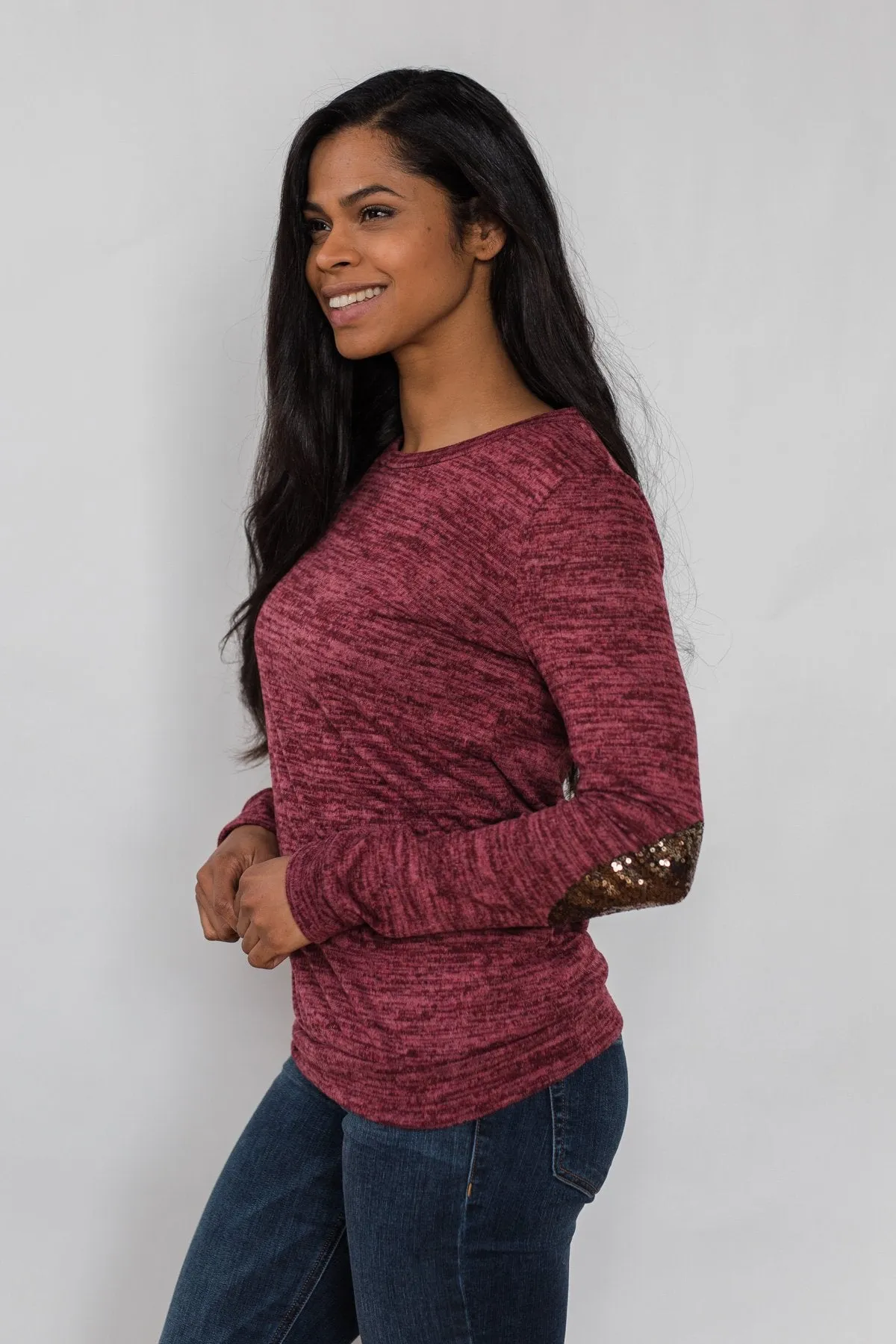 Just Enough Sequin Elbow Patch Sweater- Plum