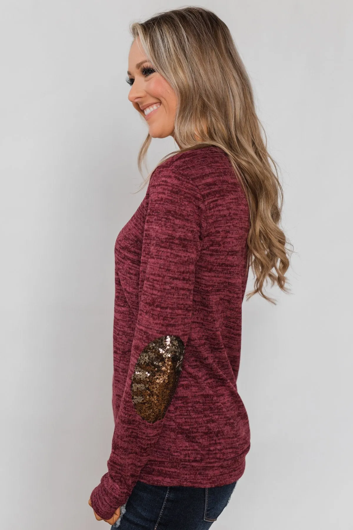 Just Enough Sequin Elbow Patch Sweater- Plum