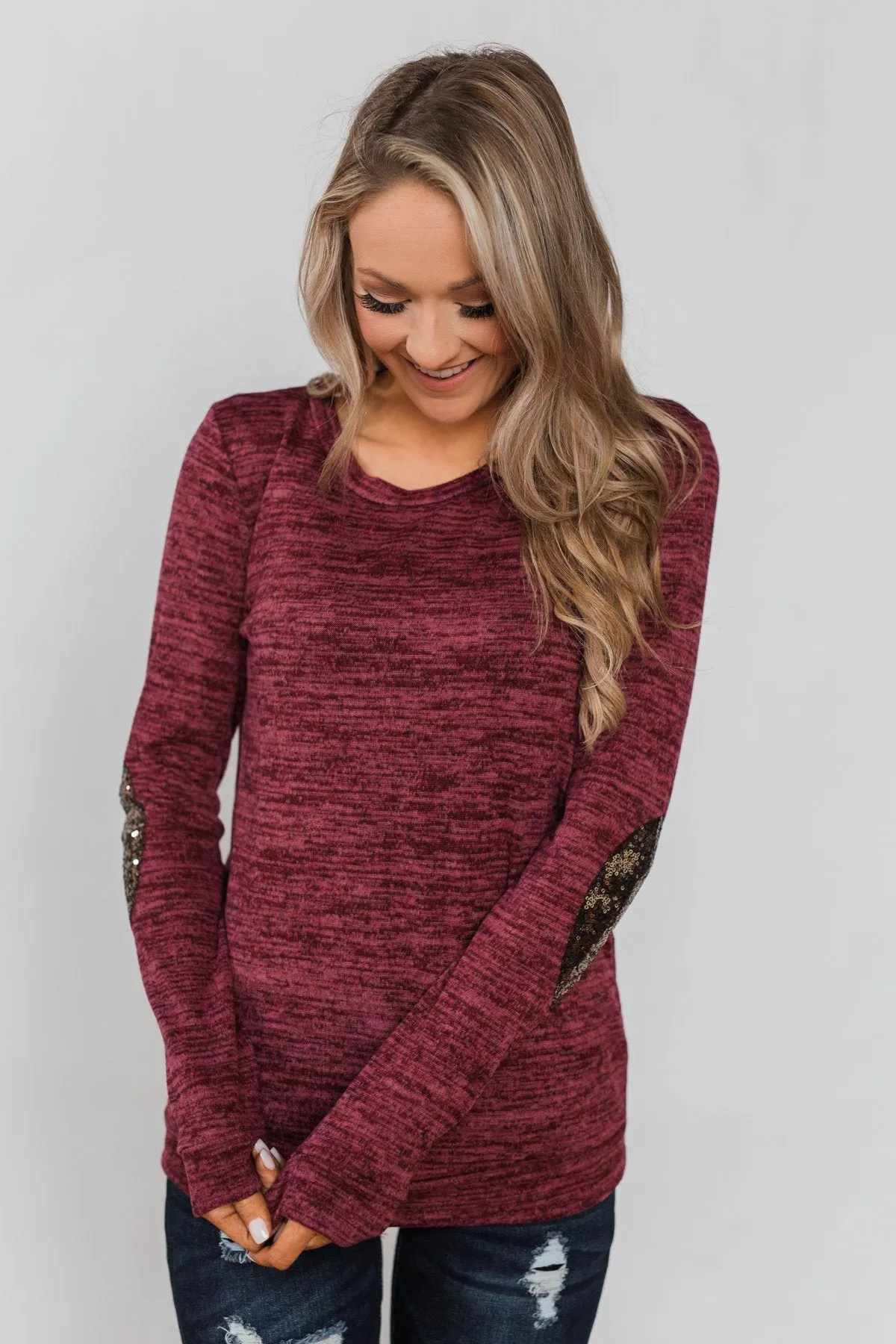 Just Enough Sequin Elbow Patch Sweater- Plum