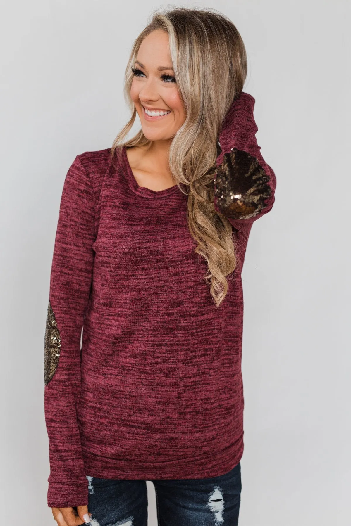 Just Enough Sequin Elbow Patch Sweater- Plum