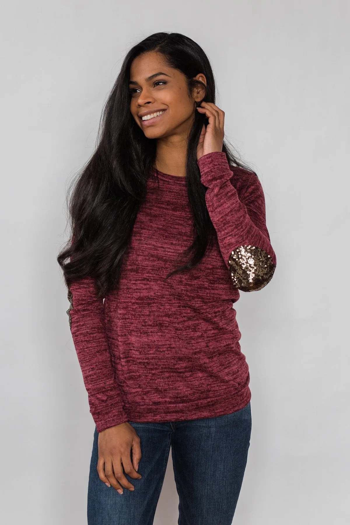 Just Enough Sequin Elbow Patch Sweater- Plum