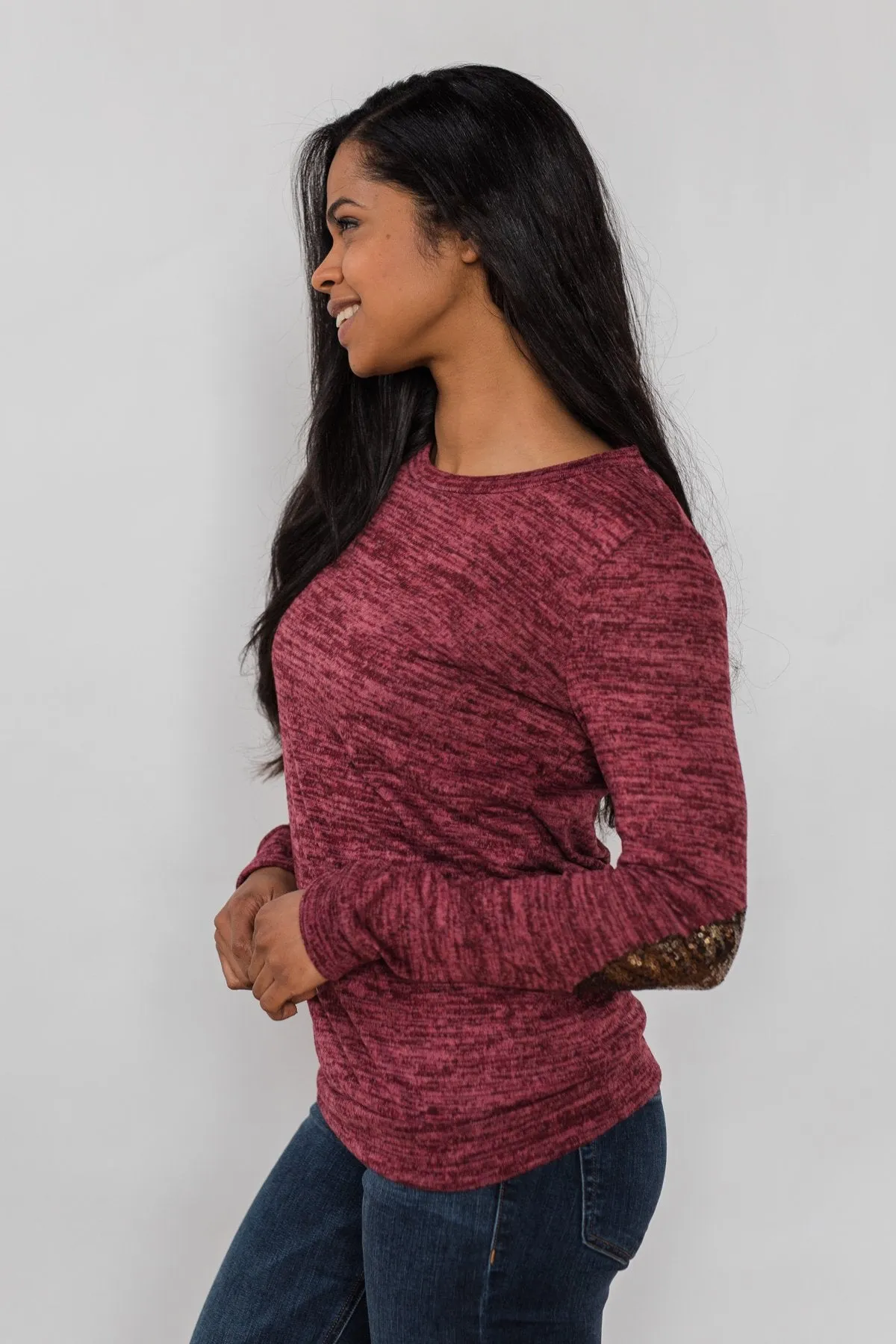 Just Enough Sequin Elbow Patch Sweater- Plum
