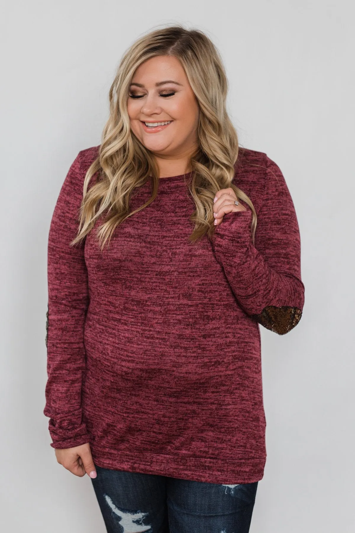 Just Enough Sequin Elbow Patch Sweater- Plum