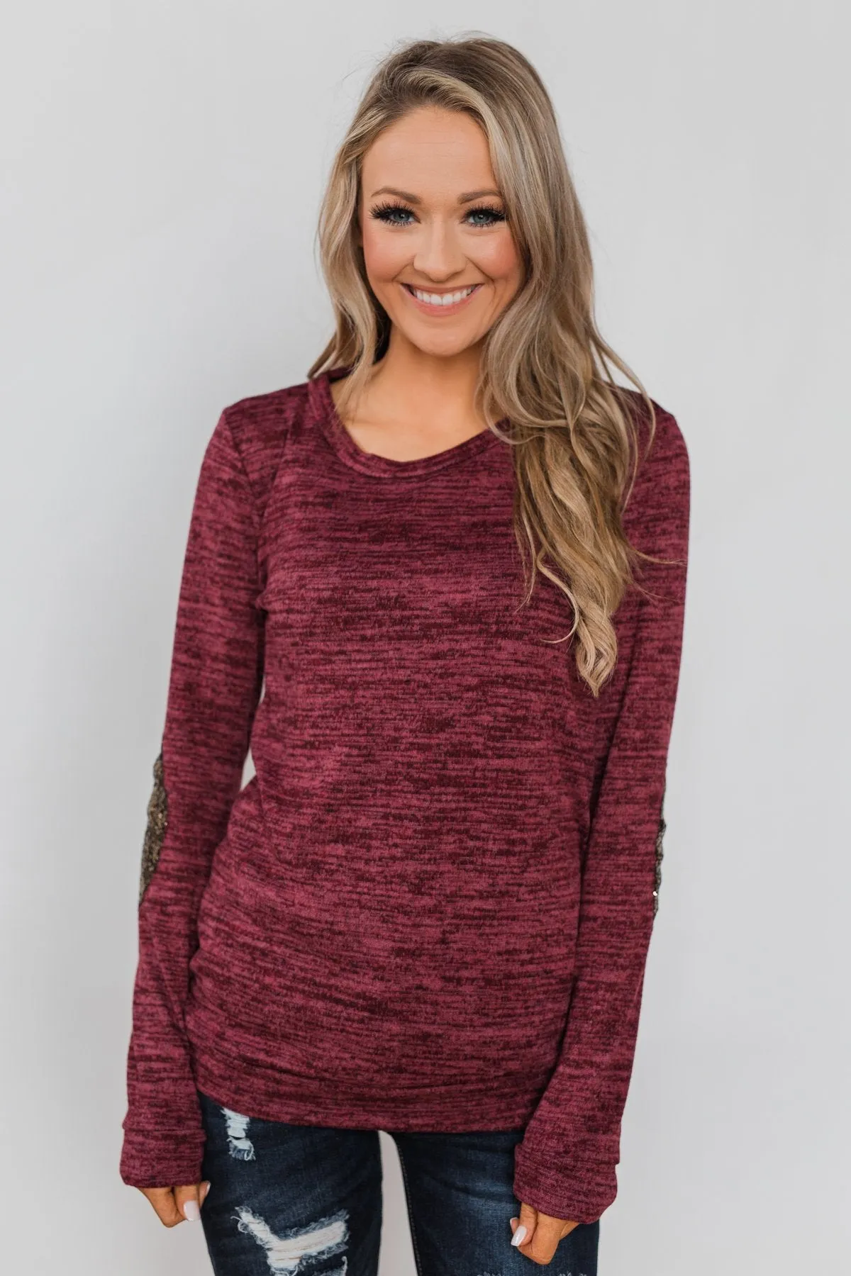 Just Enough Sequin Elbow Patch Sweater- Plum