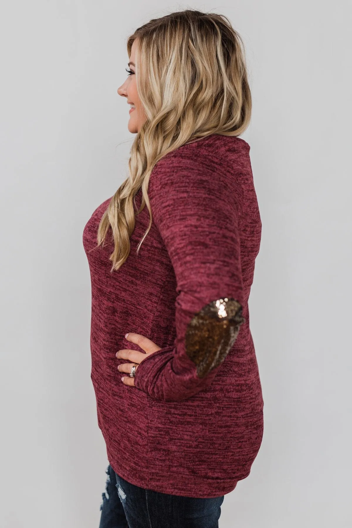 Just Enough Sequin Elbow Patch Sweater- Plum