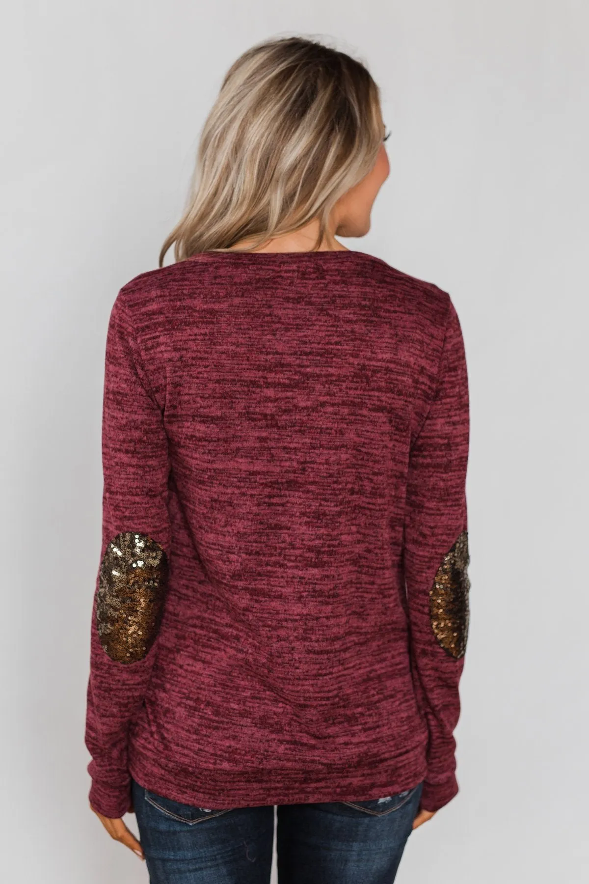 Just Enough Sequin Elbow Patch Sweater- Plum
