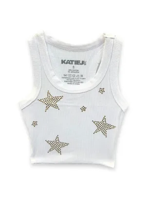 KATIEJ NYC- TWEEN LIVI RIBBED CROP TANK WITH STARS (white/gold stars)