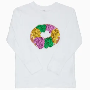Kids Sequin King Cake Mardi Gras White L/S Top