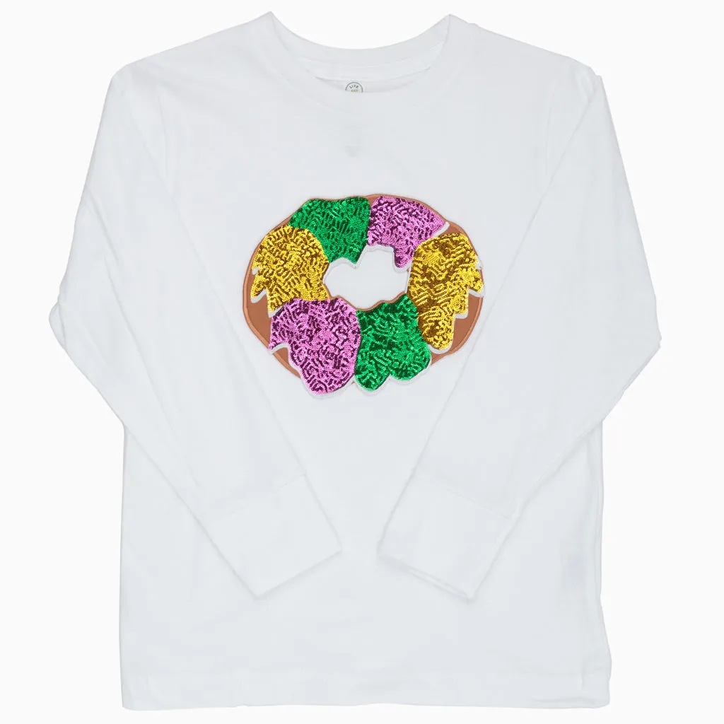 Kids Sequin King Cake Mardi Gras White L/S Top