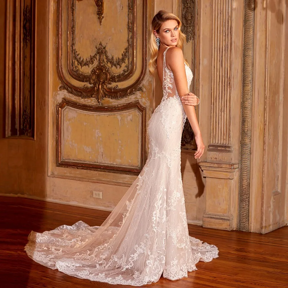 Lace Beading Crystal Shiny Mermaid Wedding Dress