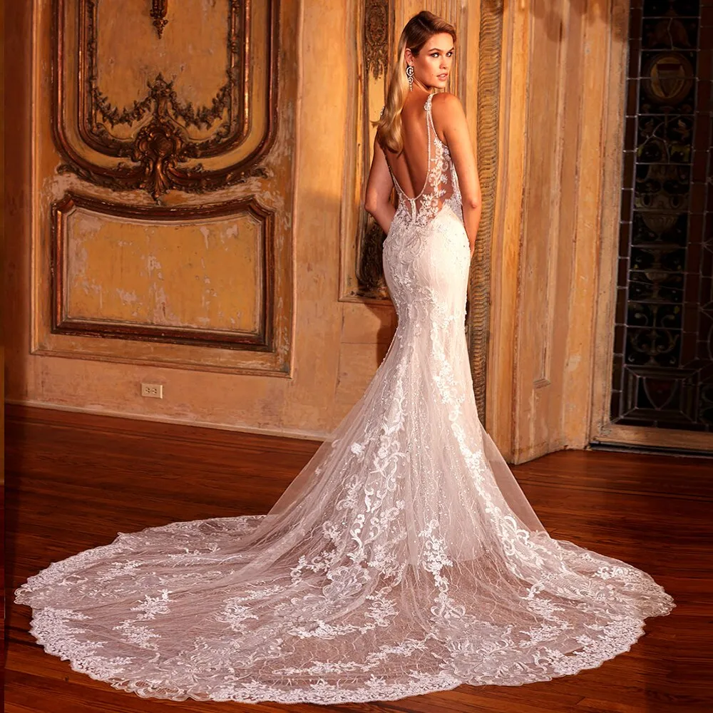 Lace Beading Crystal Shiny Mermaid Wedding Dress