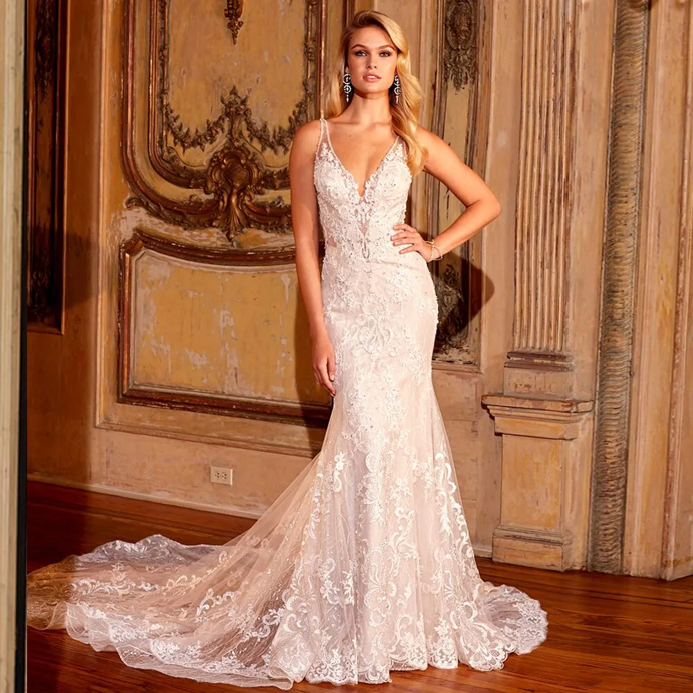Lace Beading Crystal Shiny Mermaid Wedding Dress