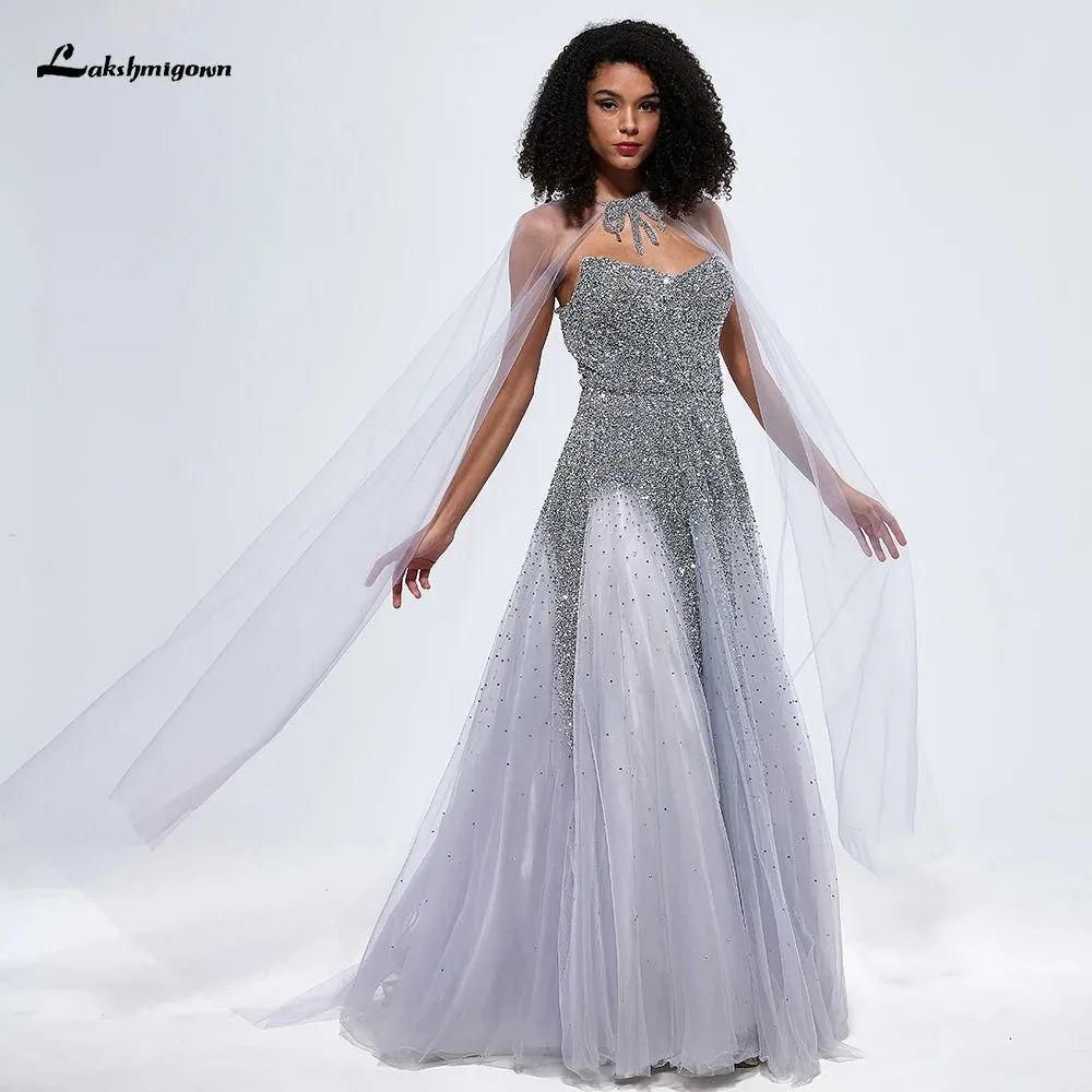 Lakshmigown A-Line Arabic Sequined Beaded Luxury Evening Dresses Gowns 2024 For Women Party Sweetheart Prom Gown with Cape
