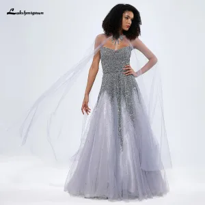 Lakshmigown A-Line Arabic Sequined Beaded Luxury Evening Dresses Gowns 2024 For Women Party Sweetheart Prom Gown with Cape