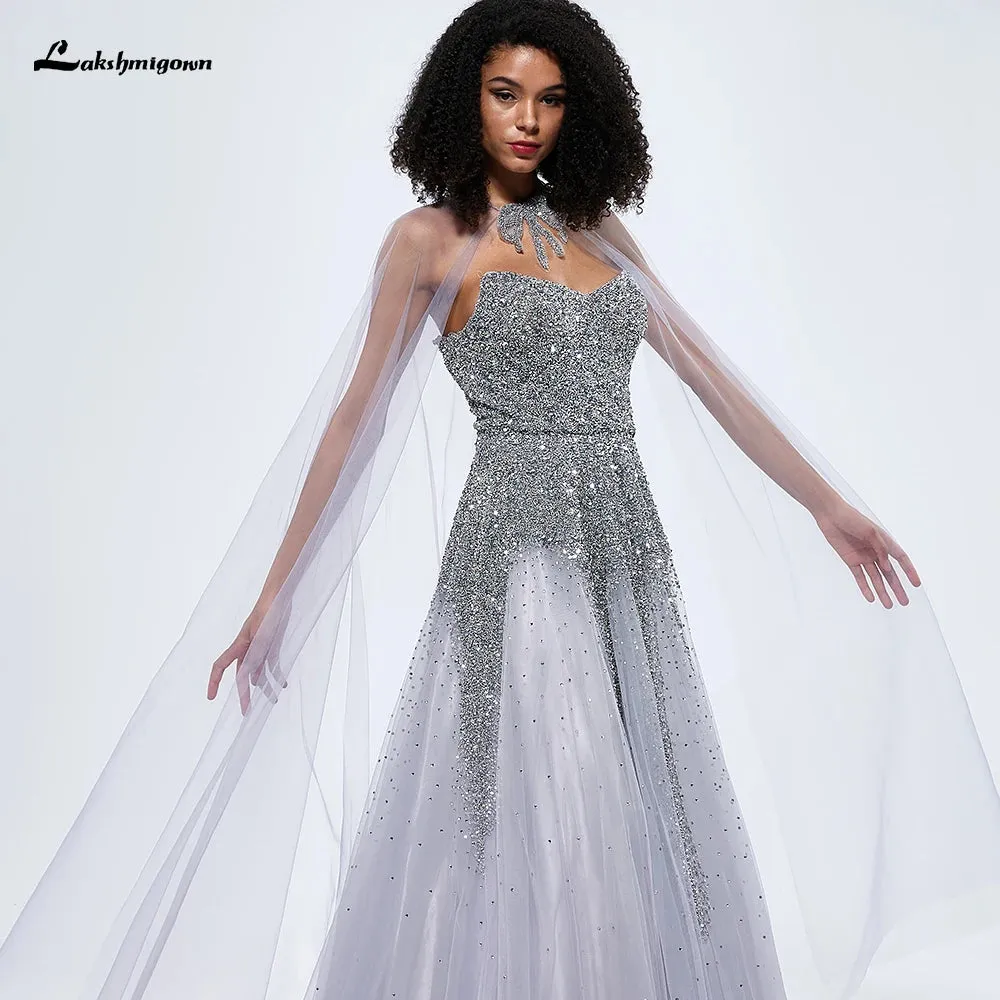 Lakshmigown A-Line Arabic Sequined Beaded Luxury Evening Dresses Gowns 2024 For Women Party Sweetheart Prom Gown with Cape