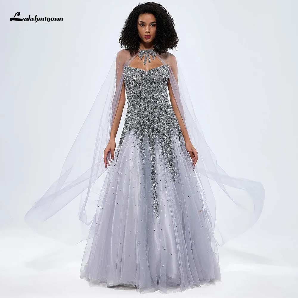 Lakshmigown A-Line Arabic Sequined Beaded Luxury Evening Dresses Gowns 2024 For Women Party Sweetheart Prom Gown with Cape