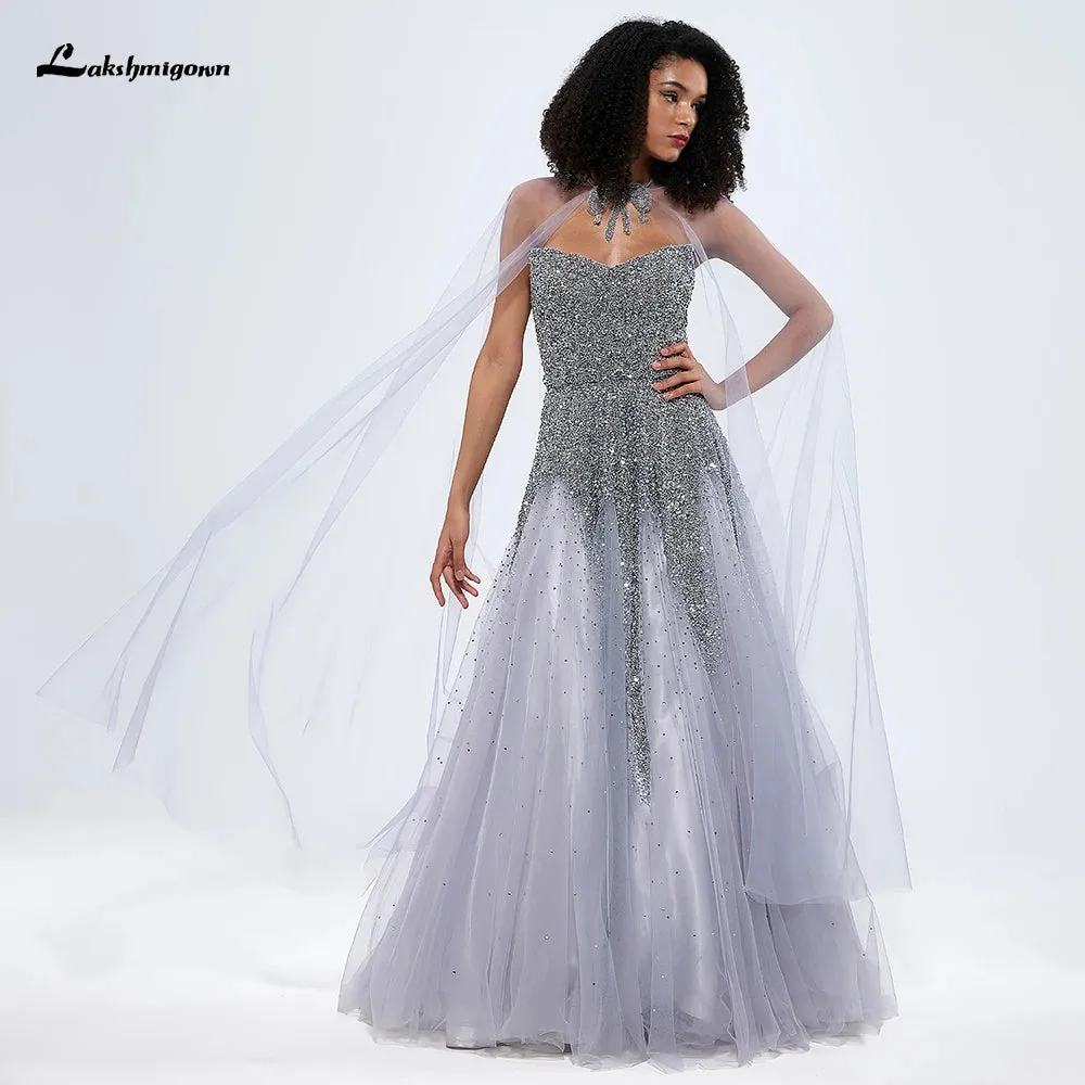 Lakshmigown A-Line Arabic Sequined Beaded Luxury Evening Dresses Gowns 2024 For Women Party Sweetheart Prom Gown with Cape