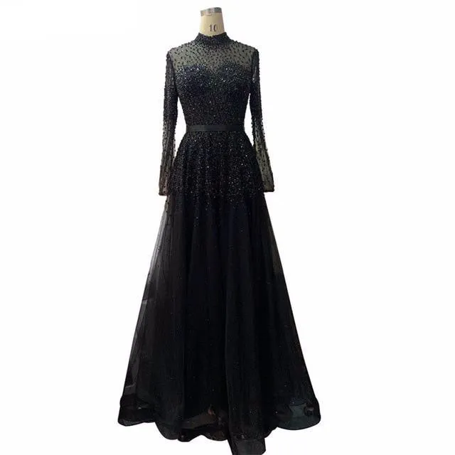Latest Design Pink High Collar Evening Dresses Long Sleeves Sequined Sexy Formal Dress