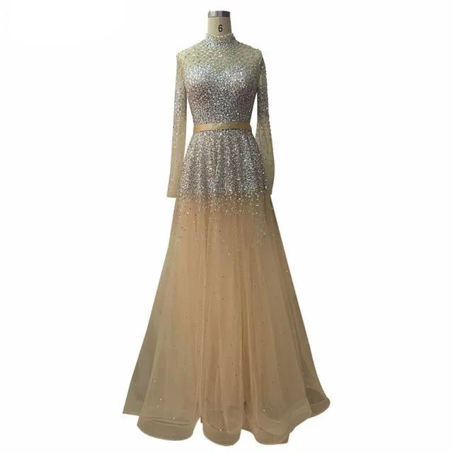 Latest Design Pink High Collar Evening Dresses Long Sleeves Sequined Sexy Formal Dress