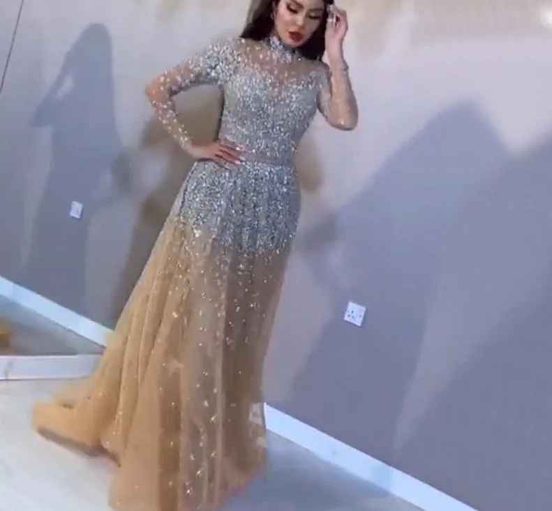 Latest Design Pink High Collar Evening Dresses Long Sleeves Sequined Sexy Formal Dress