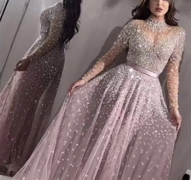 Latest Design Pink High Collar Evening Dresses Long Sleeves Sequined Sexy Formal Dress